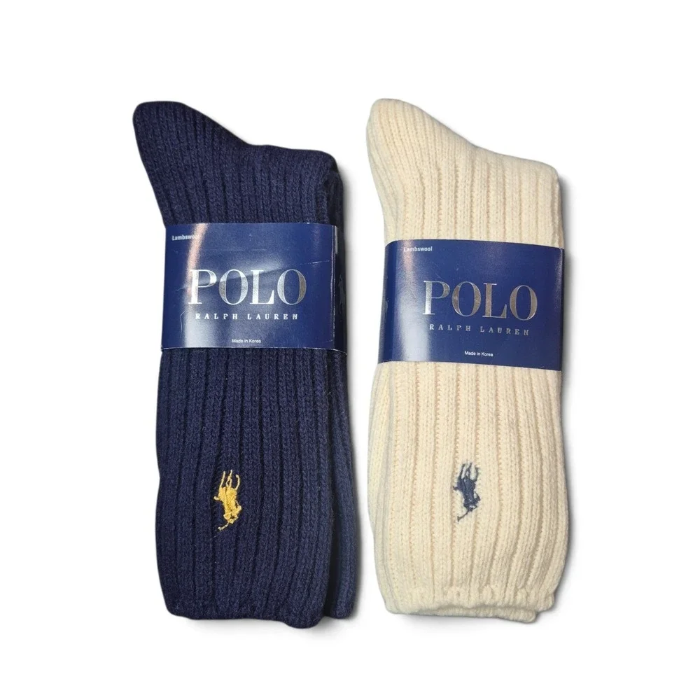 Polo Ralph Lauren Lambswool Crew Socks 2 Pair Navy Ivory Ribbed NOS Y2K NWT